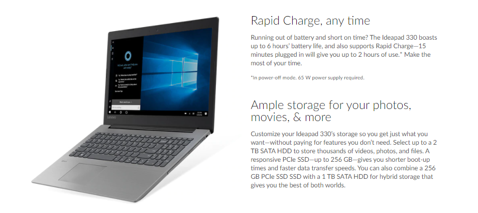 Features of the Lenovo Ideapad 330 including rapid charge and ample storage